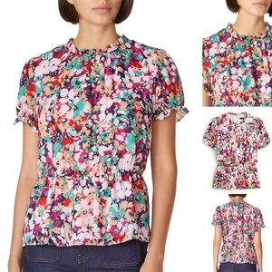 J. Crew Chiffon Crinkle Floral Peplum Blouse Ruffle Neck Short Sleeve Li…